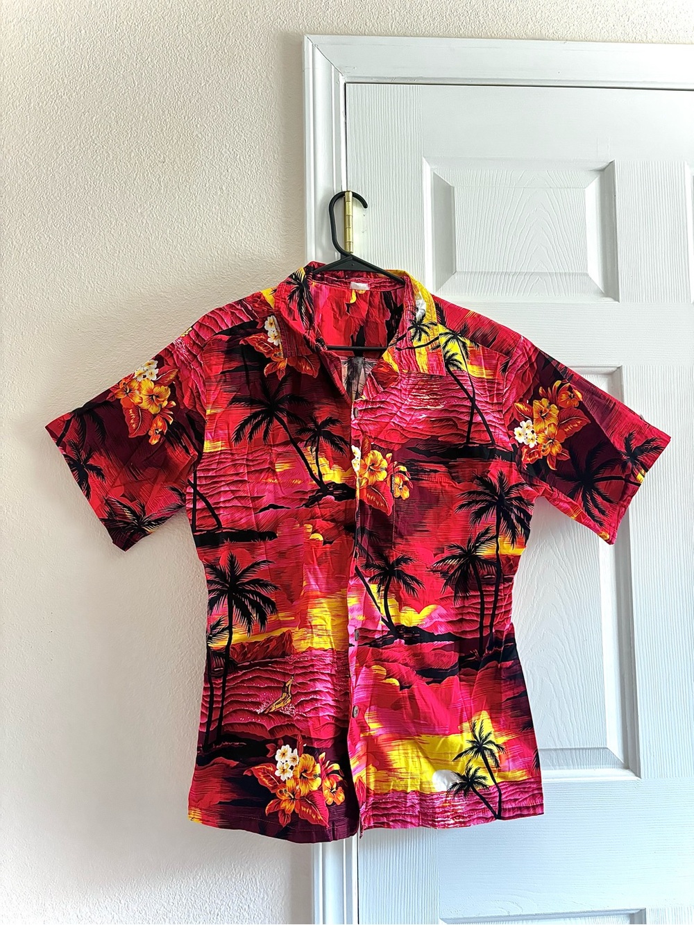 Palmwave Hawaii Aloha Tropical Red Short Sleeve Sunset Surfer Shirt Mens S